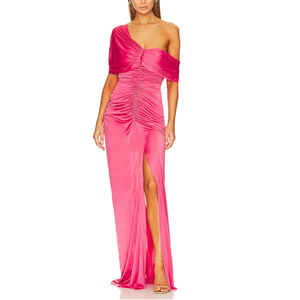 YAURA Pink Ruched Gown XS Off Shoulder Slinky Slit Designer Formal $240 NEW
